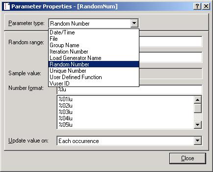 LoadRunner Parameter dialog. Random Number parameter